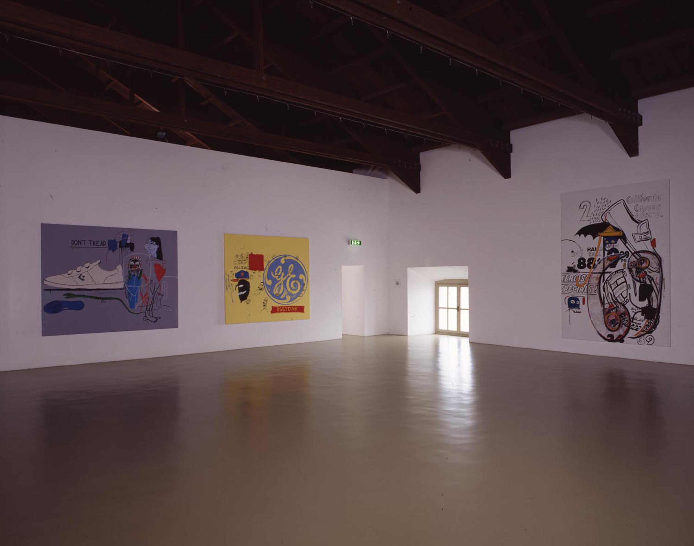 Andy Warhol and Jean-Michel Basquiat, Donu0027t Tread Tennis, 1985; Andy Warhol and Jean-Michel Basquiat, Polizia, 1985 and Andy Warhol, Jean-Michel Basquiat and Francesco Clemente, Hand Ball, 1985